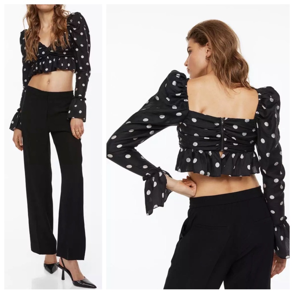 NWT Cropped Puff Sleeve TOP Polka Dot PEPLUM BLOUSE XS